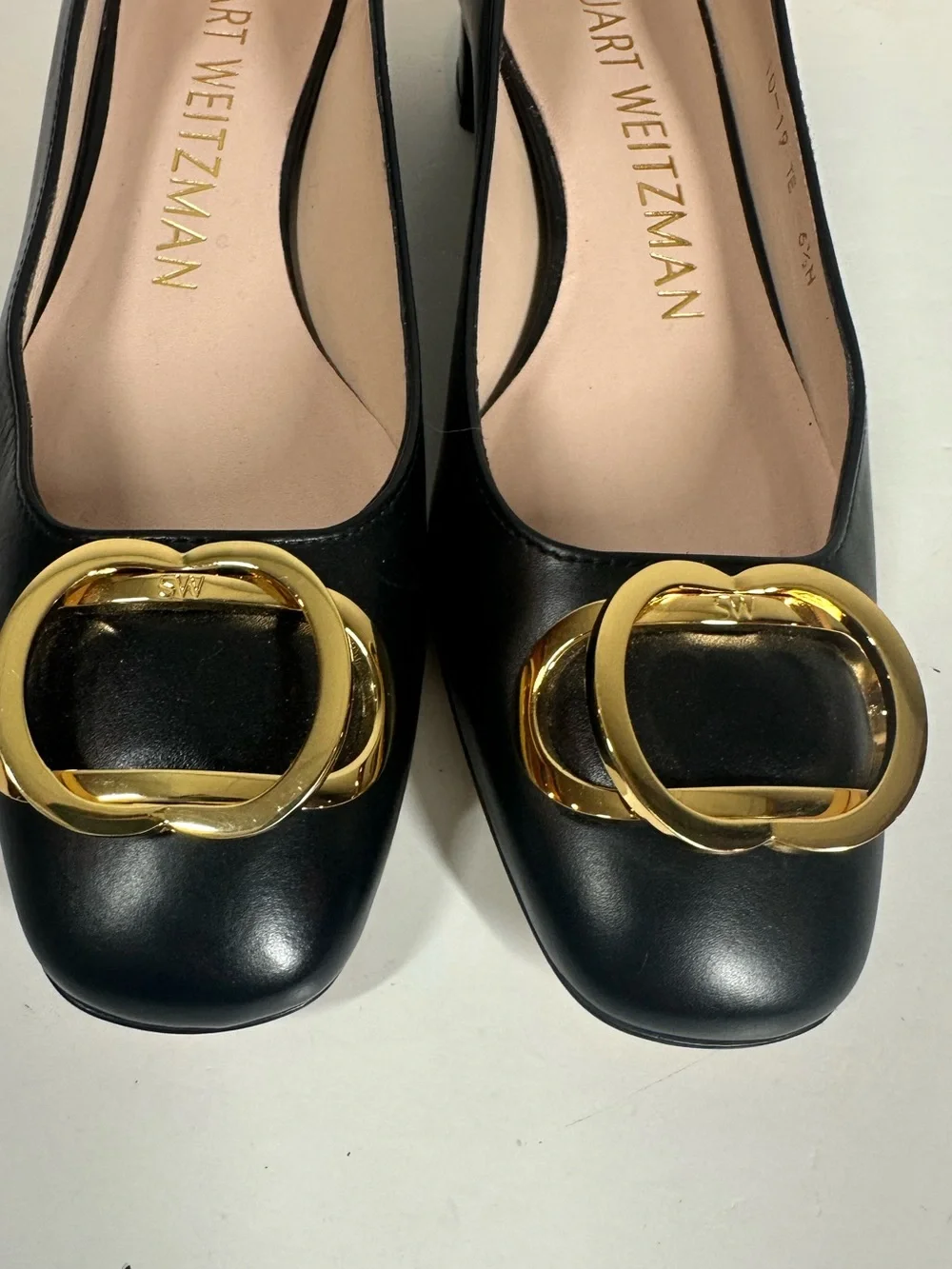 Stuart Weitzman 6.5 Anicia Black Leather Flats with Gold Buckle Accent